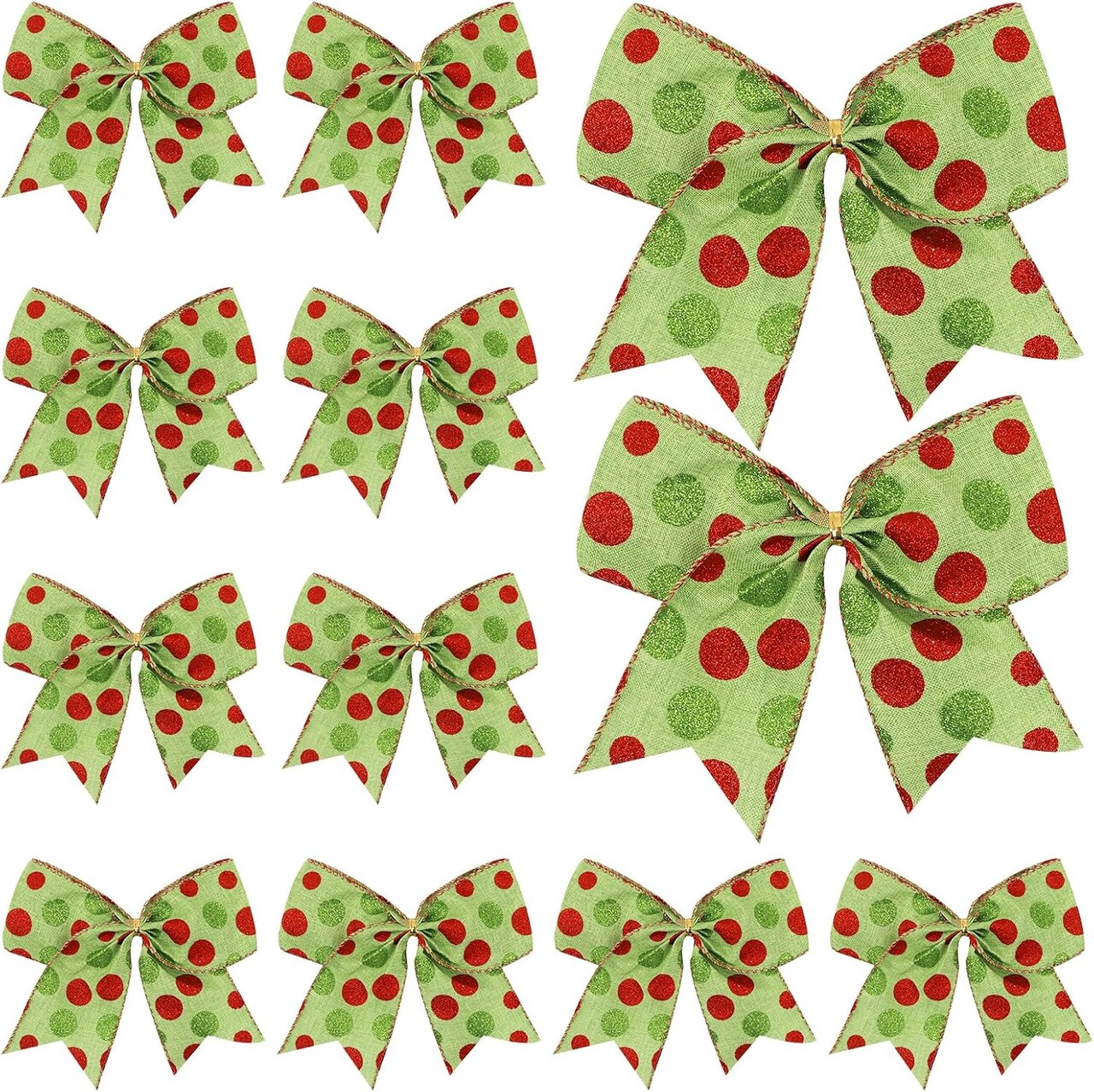 12pcs Christmas Bows Ornaments 6.3 Inch Large Christmas Wreath Bows Red Green Xmas Tree Bows Christmas Glitter Dot Bows Ribbons Decoration for Garland Wedding Home Holiday Party